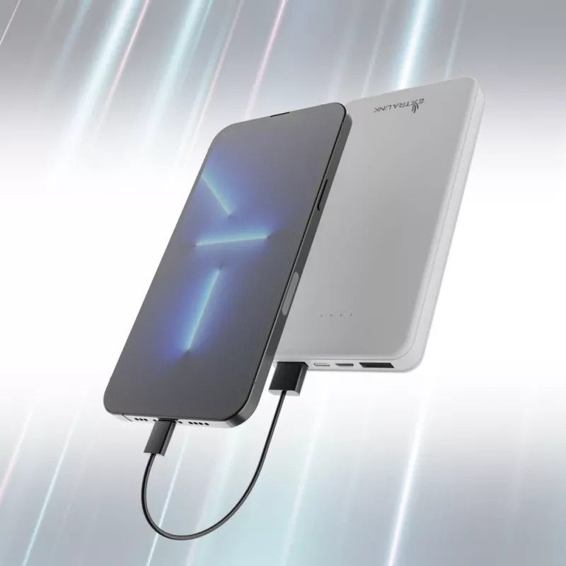 Išorinė baterija Extralink EPB-078W 10000 mAh balta, USB-C, 10 W išvestis, įkrauna iki 2 įrenginių