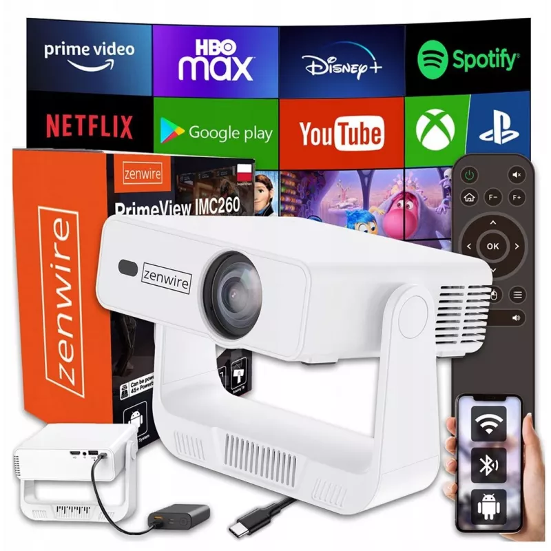 Mini projektorius zenwire IMC260 — nešiojamas Android 14 projektorius, Wi‑Fi, 360° atrama, Full HD/4K įvestis telefonams