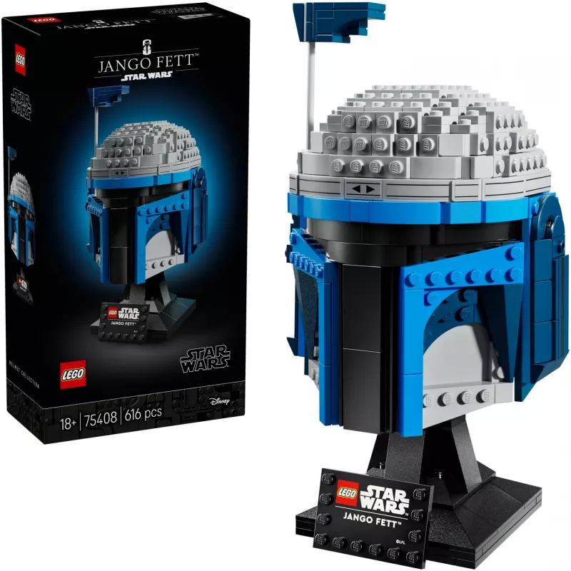 Kolekcinis LEGO Star Wars šalmo aksesuaras Jango Fett 75408 — 616 dalių, 210×120×110 mm demonstracinis modelis