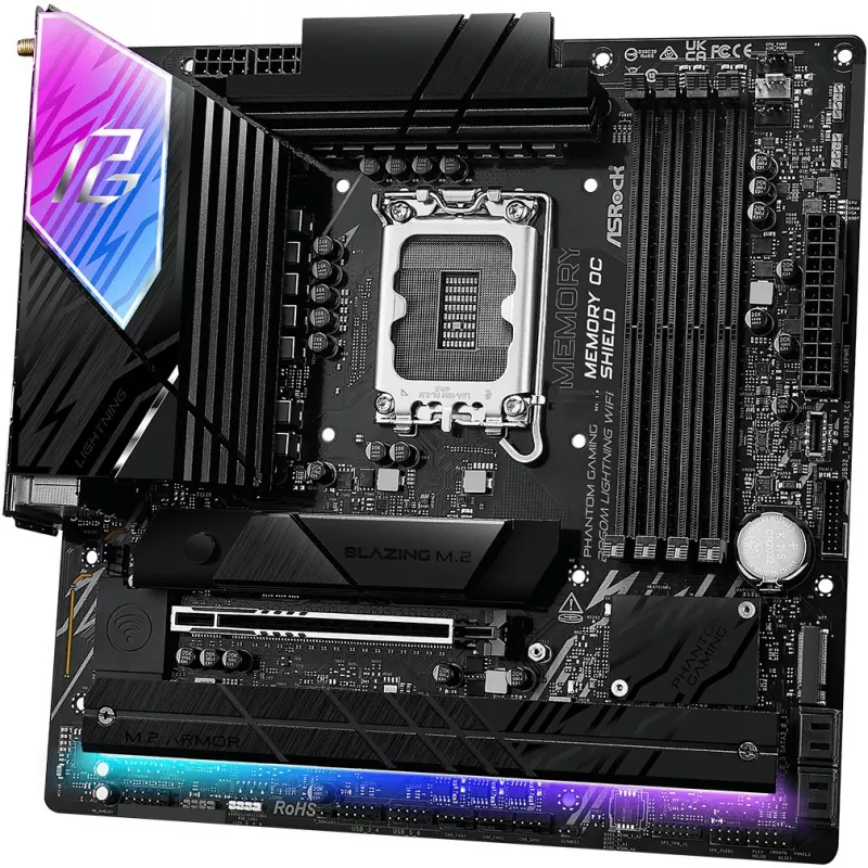 Pagrindinė plokštė ASRock B860M Lightning WiFi — Intel B860, LGA1851, microATX, DDR5, 4 DIMM, Wi‑Fi 6E, 2.5Gb LAN, Thunderbolt 4