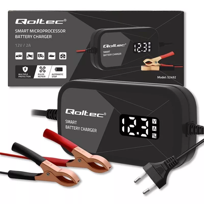 Baterijų įkroviklis QOLTEC 52492 12V 2A su mikroprocesoriniu valdymu ir elementų regeneracija