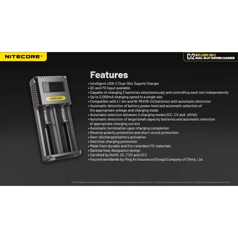 Baterijų įkroviklis Nitecore Ci12 universalus USB įkroviklis Li‑Ion, NiCd, NiMH, 3A įvestis 5/9/12V, plastikinis korpusas