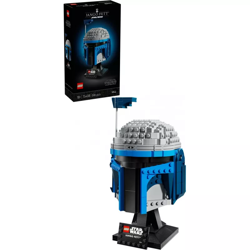 Kolekcinis LEGO Star Wars šalmo aksesuaras Jango Fett 75408 — 616 dalių, 210×120×110 mm demonstracinis modelis