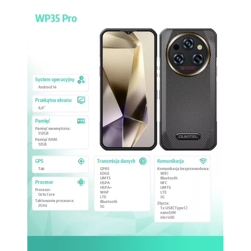 Išmanusis telefonas Oukitel WP35 Pro 6,52 colio 12GB/512GB pilkas