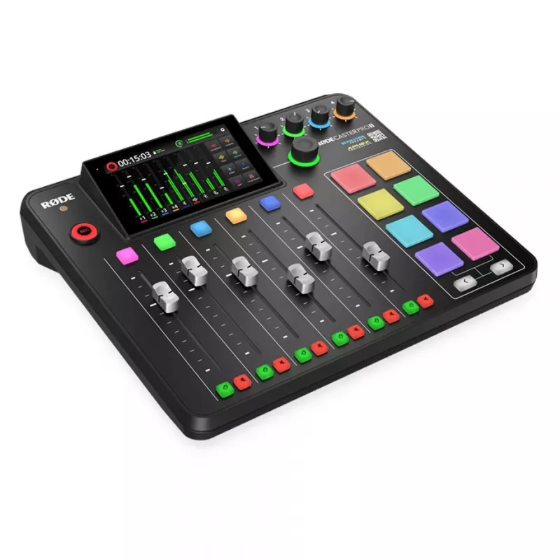 Studijos valdiklis RØDE Caster Pro II Juoda — 4 XLR/TRS kombinuoti lizdai, 4 ausinių išėjimai, 8 padas, jutiklinis ekranas, Wi‑Fi, Bluetooth, USB‑C