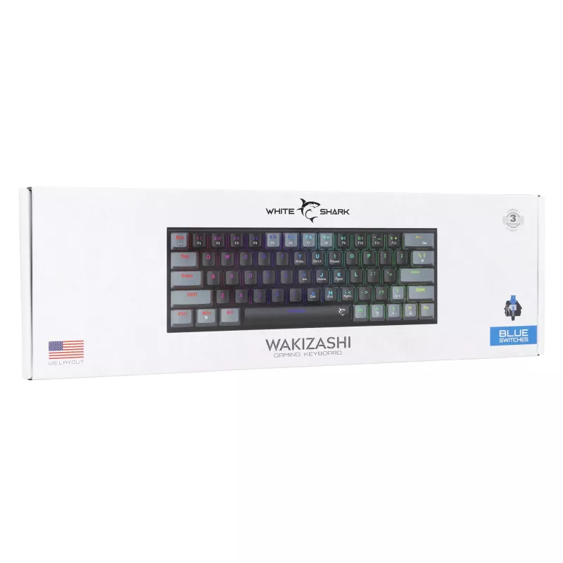 Mechaninė žaidimų klaviatūra White Shark Wakizashi GK-002121V2 — juodai pilkas rėmas, US Blue jungikliai