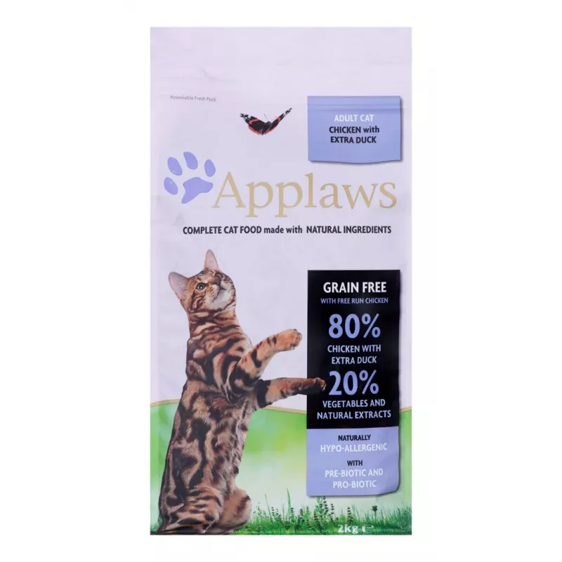 Sausas kačių ėdalas Applaws su vištiena ir antiena 2 kg — grūdų neturintis visavertis ėdalas suaugusioms katėms, 36,5 % baltymų, 16 % riebalų