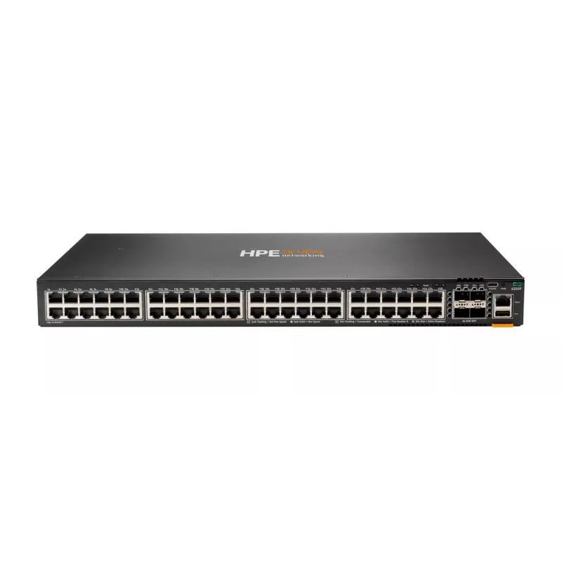 HPE - Aruba Series - Aruba 6300F - komutatorius - L3 - valdomas - 48 x 10/100/1000 + 4 x 1 Gigabitas / 10 Gigabitas / 25 Gigabitas / 50 Gigabitas SFP56 (Aukštyninė jungtis / Stekavimas) priekyje ir šone į galą