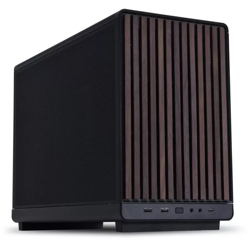 PC korpusas Lian Li A3-mATX Micro Tower — Micro-ITX/Micro-ATX, medžio spalva ir juoda, palaiko ATX/SFX/SFX-L maitinimo blokus