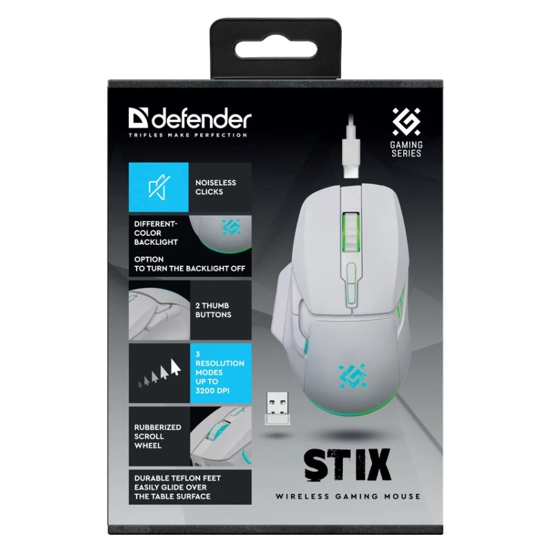 Belaidė pelė DEFENDER Stix GM-009 RF — optinė 3200 DPI, 6 mygtukai, abiem rankoms tinkama, USB RF, maitinama baterijomis, balta
