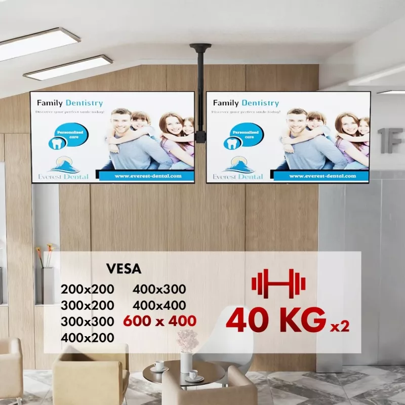 Lubinis laikiklis MACLEAN MC-111 B dviem televizoriams, maks. apkrova 2×40 kg, maks. VESA 600×400