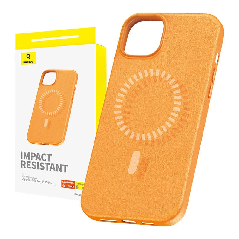 Magnetinis Telefono Dėklas iPhone 15 Plus Baseus Fauxther Serija (Oranžinis)