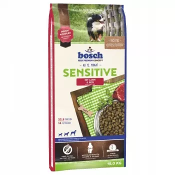 Sausas šunų maistas Bosch Sensitive su ėriena ir ryžiais suaugusiems šunims 10–15,9 kg, be vištienos, 21,5% baltymų, 10,5% riebalų