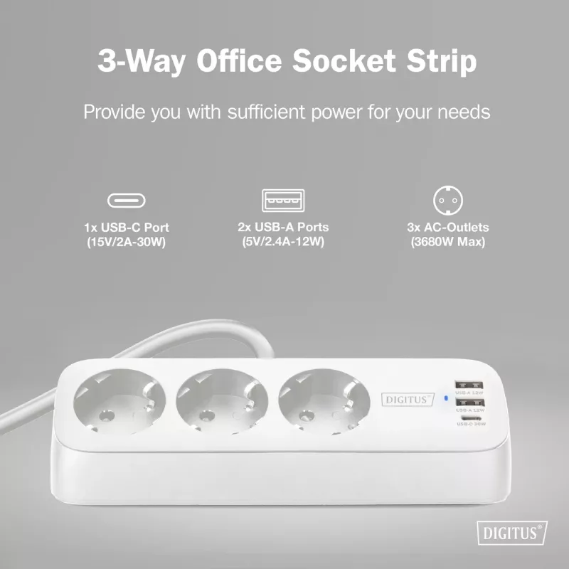 Maitinimo šakotuvas DIGITUS 3 lizdų su 2×USB-A ir 1×USB-C, 3 kintamosios srovės lizdai E/F tipo, 1,5 m laidas, baltas