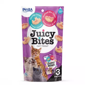 INABA Juicy Bites krevetės ir jūros gėrybės – skanėstai katėms – 3x11,3 g