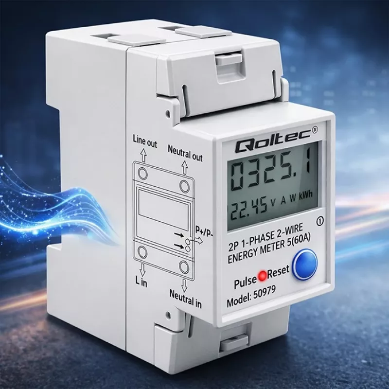 Energijos skaitiklis QOLTEC Vienfazis DIN bėgiui 230V (MPN 50979)