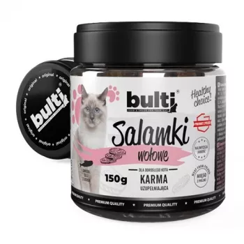 Kačių skanėstai BULT Jautiena 150 g — mėsingi kramtomi užkandžiai suaugusioms katėms, vieno skonio jautiena, 150 g maišelis