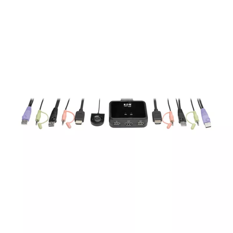 Eaton Tripp Lite serijos 2 prievadų USB/HD kabelių KVM jungiklis su garsu/vaizdu, kabeliais ir USB periferinių įrenginių bendrinimu - KVM-/garso-/USB jungiklis - 2 x KVM/garso/USB - 1 vietinis vartotojas - darbalaukis