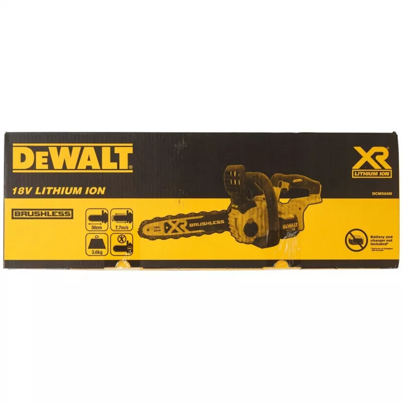 Grandininis pjūklas DeWALT DCM565N-XJ — belaidis, maitinamas baterijomis, 30 cm juosta, 5 Ah baterijos talpa, 0,14 L alyvos bakelis