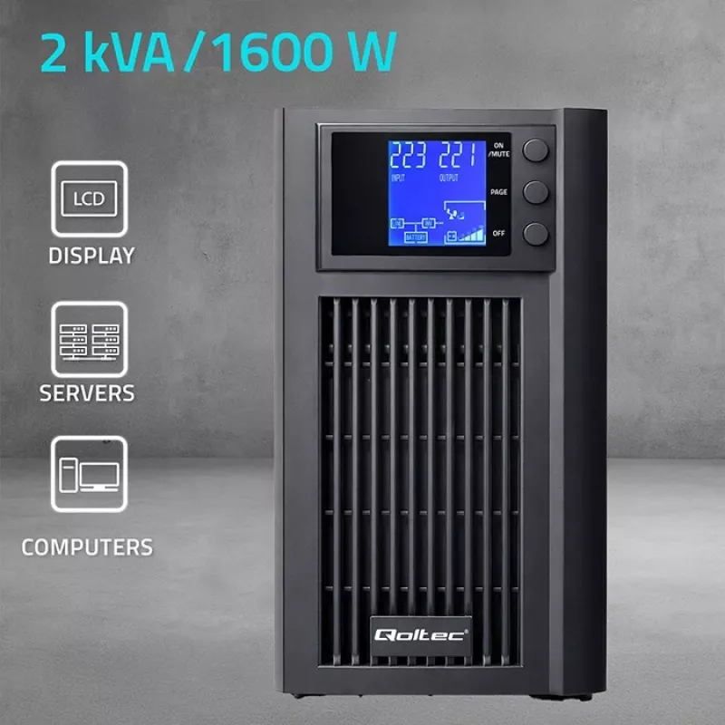 UPS QOLTEC Pure Sine Wave 2kVA 1600W su AVR ir LCD ekranu