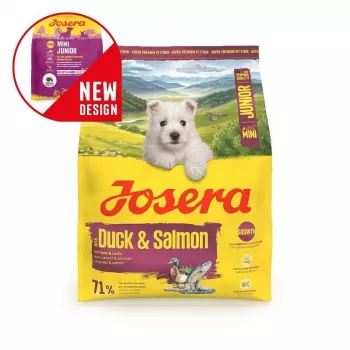 Sausas šunų maistas JOSERA Mini Junior Duck & Salmon 900 g — mažų veislių šuniukams, baltymai 29%, riebalai 18%