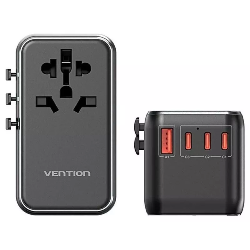 Įkroviklis Vention FJGB0 100 W GaN su 3× USB-C ir 1× USB-A, juodas
