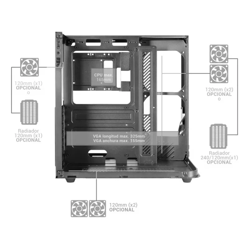 PC Midi Tower korpusas TACENS Mars Gaming MC-INFINIOLITE, juodas, grūdintas stiklas, palaiko ATX/Micro-ATX/Mini-ITX, 120 mm ventiliatoriai