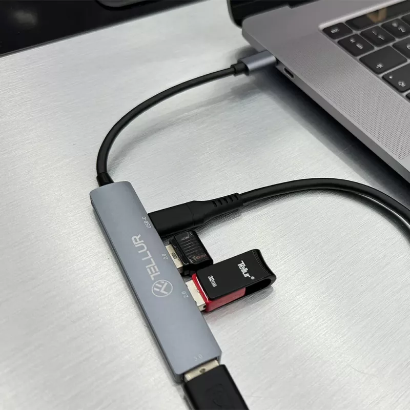 USB-C šakotuvas Tellur TLL321051 — aliuminis, 4 prievadai, pilkas