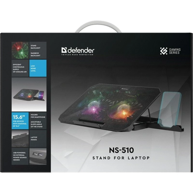Nešiojamojo kompiuterio aušinimo padėklas DEFENDER NS-510 su 2 ventiliatoriais, 2 USB prievadais ir RGB apšvietimu