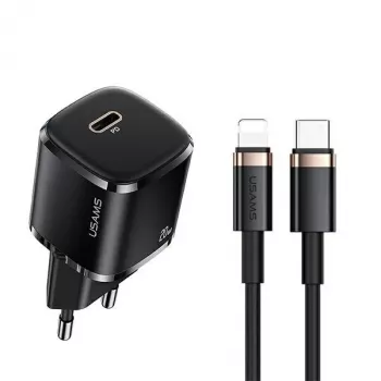 usams telefono įkroviklis 1x USB-C T36 + Lightning PD — kompaktiškas PD įkroviklis su USB-C ir Lightning