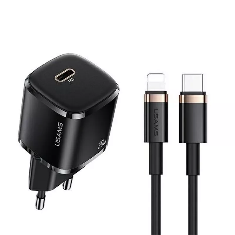 usams telefono įkroviklis 1x USB-C T36 + Lightning PD — kompaktiškas PD įkroviklis su USB-C ir Lightning