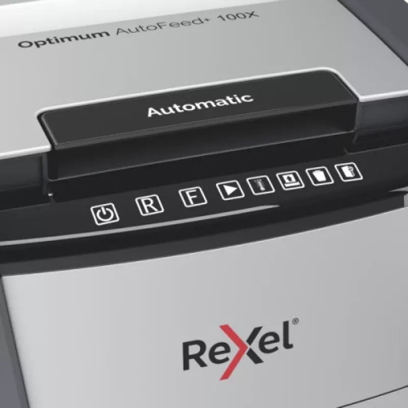 Popieriaus smulkintuvas REXEL Optimum AutoFeed+ 100X — 100 lapų automatinis padavimas, 4 x 28 mm kryžminis pjovimas, 34 L dėžė, aliuminis