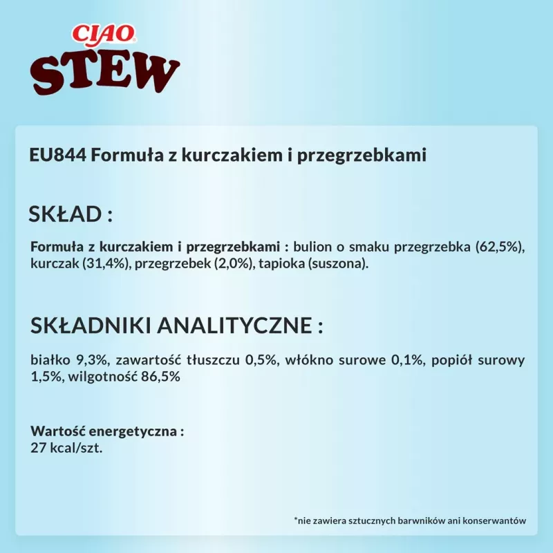 Drėgnas kačių skanėstas INABA Ciao Stew Chicken & Scallop maišelis 40 g — be grūdų, suaugusioms, mėsingas
