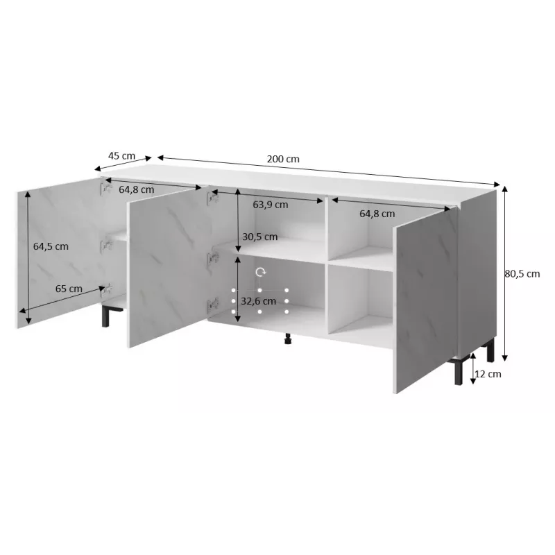 MARMO 3D komoda 200x45x80,5 cm baltas matinis/marble baltas