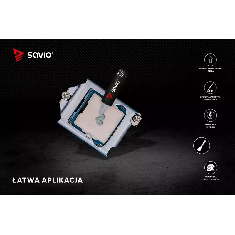 Termo pastos SAVIO TG-04 2g — aukštos kokybės procesoriaus/grafinio procesoriaus termo tepalas, tankis 2,81 g/cm³, pilka, 2 g