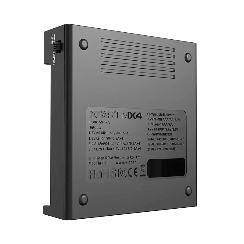 Baterijų įkroviklis XTAR MX4 4 lizdų universalus Li-ion NiMH USB-C, juodas, palaiko 4 baterijas