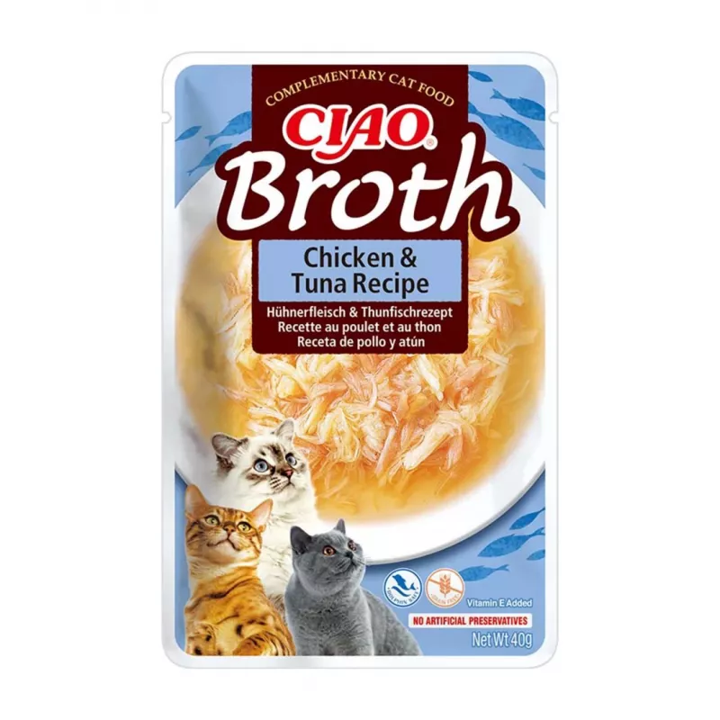 Šlapio kačių maisto pakeliai INABA Ciao Broth — Vištiena, Lašiša, Tunas, 10 x 40 g