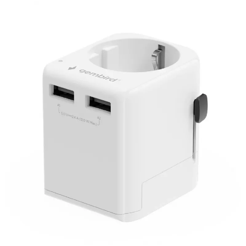 Universal travel adapter GEMBIRD TPA-EU2A12-01-W 12W USB power adapter for international outlets