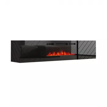 TV spintelė cama meble LUXE 301126 su įmontuotu elektriniu židiniu, 182,6×34,5×37,5 cm, juoda blizgi