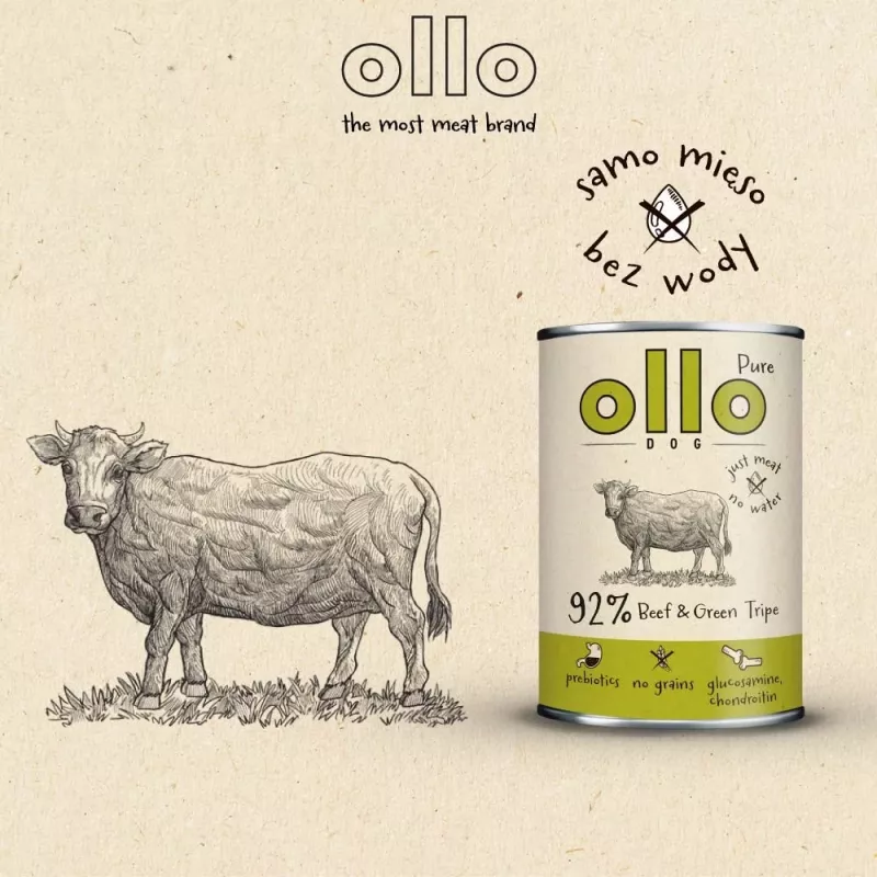 Šlapias šunų maistas OLLO Pure Beef and Green Tripe 400 g skardinė — suaugusiems, baltymai 14,5%, riebalai 11,9%, drėgmė 69%