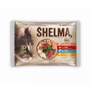 Šlapias kačių ėdalas SHELMA pakelis 4×85 g — pilnavertis suaugusių kačių pašaras su lašiša, menke, jautiena, vištiena