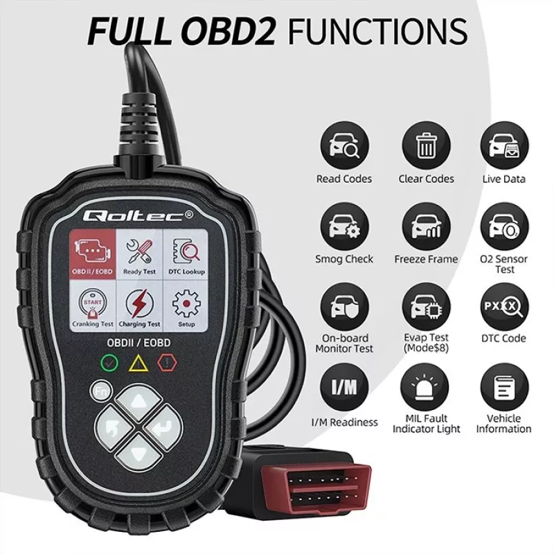 OBDII diagnostinis testeris QOLTEC ProLine 50685 — transporto priemonių OBD-II skaitytuvas 8V/25V sistemoms
