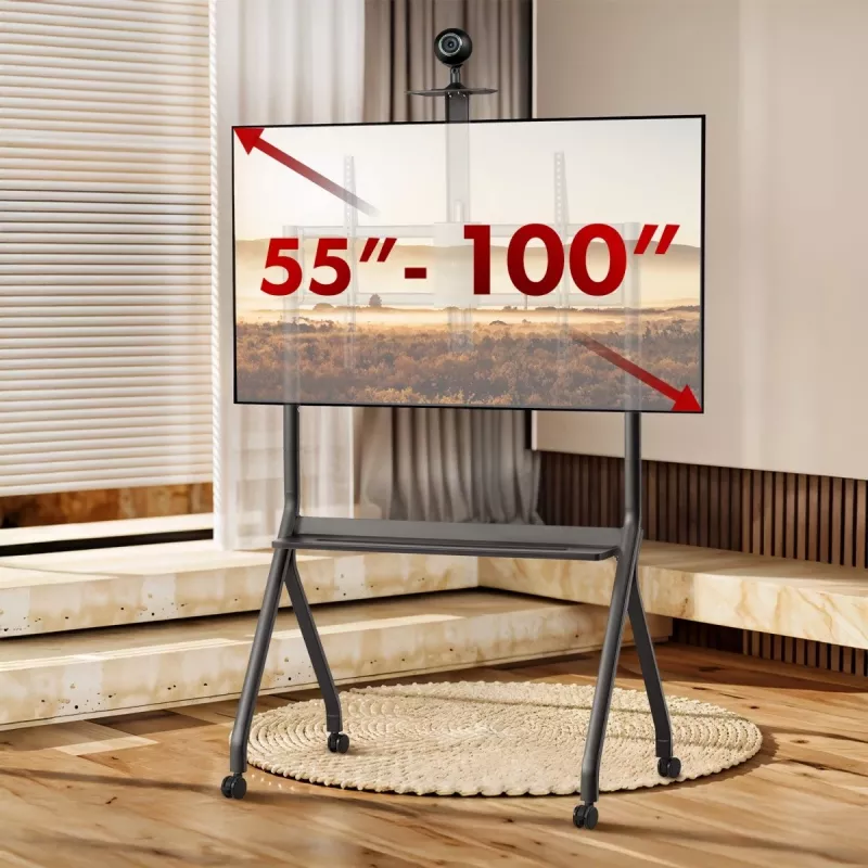 TV stovas MACLEAN MC-114 B nešiojamas grindų stovas 55–100 colių ekranams, maks. apkrova 120 kg, VESA 200x200–900x600, aukštis 115–152 cm, juodas, lentyna