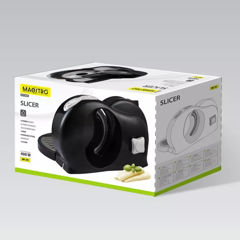 Maisto pjaustyklė Maestro MR-591 — elektrinė virtuvinė pjaustyklė, modelis MR-591, juoda