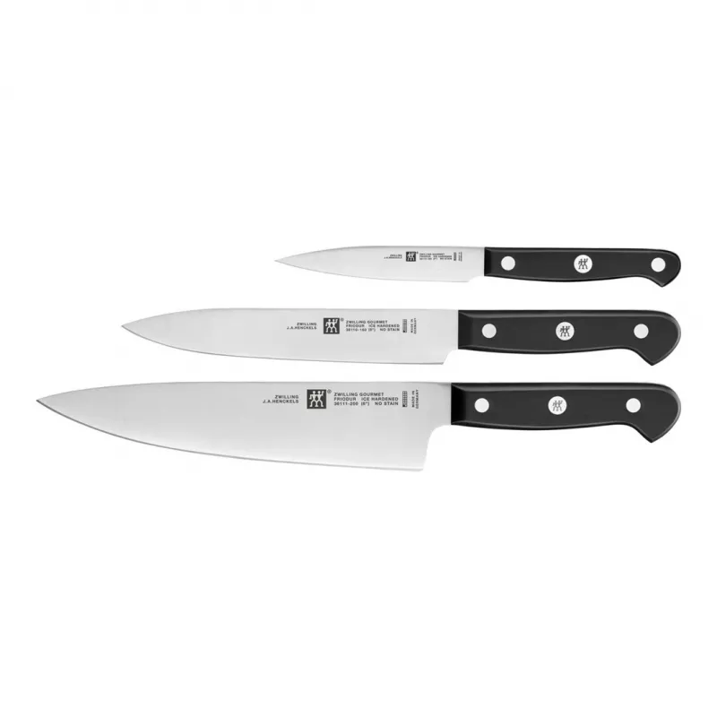 Peilių rinkinys ZWILLING Gourmet 3 vnt. — kaltinės plieno geležtės 10/16/20 cm, juodos plastikinės rankenos, tinkamas plauti indaplovėje