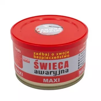 Avarinė išgyvenimo žvakė FULER HASKE Pro MAXI 410 g — natūralus sojų vaškas, degimo laikas 72 val., 99 mm × 65 mm, plieninė skardinė