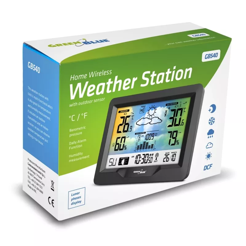 Hygrometer Thermometer GreenBlue GB540 — indoor 0–50°C / outdoor -20–65°C, DCF laikrodis, lauko jutiklis 60 m, juodas