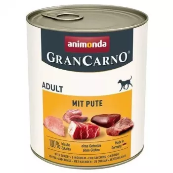 Šlapias šunų maistas animonda GranCarno Adult kalakutiena 800 g — konservuotas, be grūdų, be glitimo, 10,5% baltymų, 5% riebalų