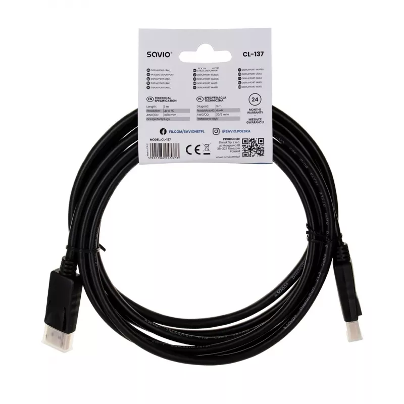 Savio CL-137 DisplayPort laidas 3 m juodas