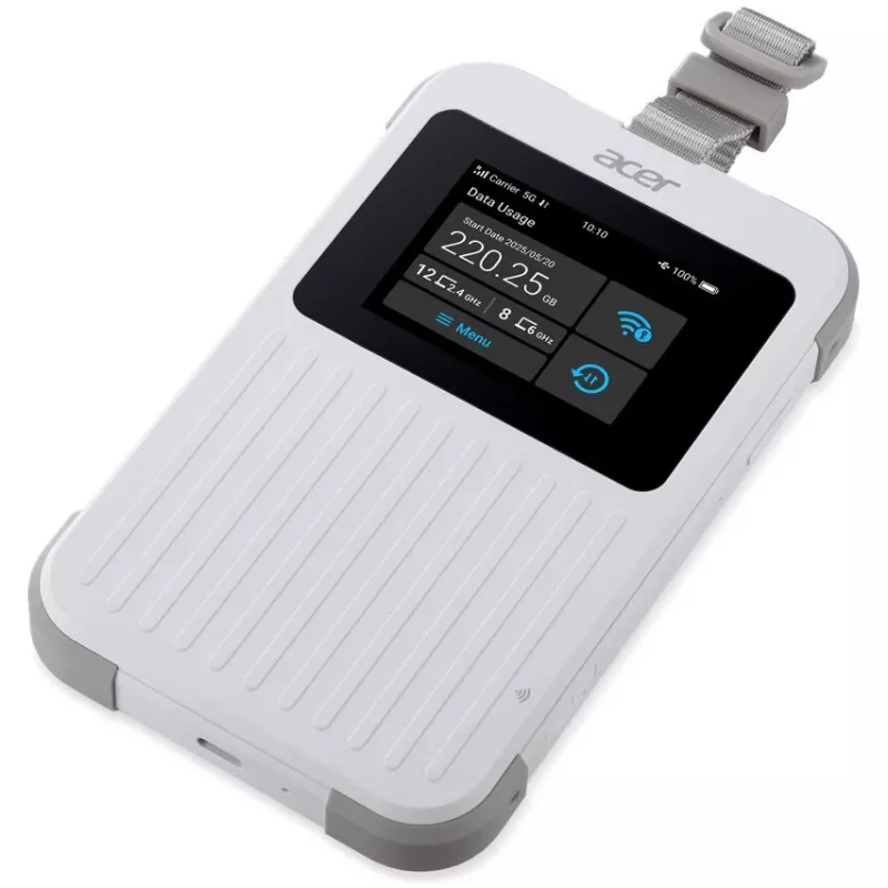 Nešiojamasis maršrutizatorius Acer Connect M6E su 20 GB, dviejų dažnių (2,4 GHz + 5 GHz arba 2,4 GHz + 6 GHz), Wi‑Fi 6E, 5G, IP68, 2x2 vidinės antenos, 4 GB RAM, 2,5 GHz procesorius